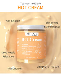 **Melao Crema Caliente** – Adelgazamiento, Reducción de Celulitis y Reafirmante para el Cuerpo    Crema ideal para la quema de grasa abdominal y tonificación del cuerpo, con extracto de jengibre para mejores resultados.